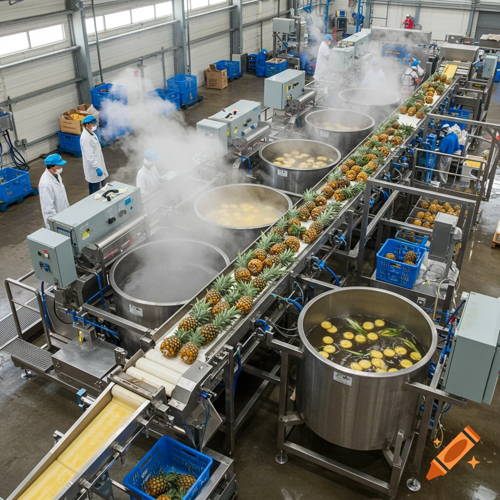Overhead view of pineapples on a conveyor belt and in processing vats in a factory, with workers