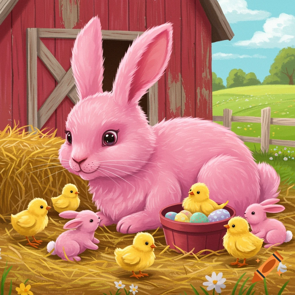A pink rabbit sits in hay near a red barn with yellow chicks, baby pink bunnies, and Easter eggs in a cartoon style.