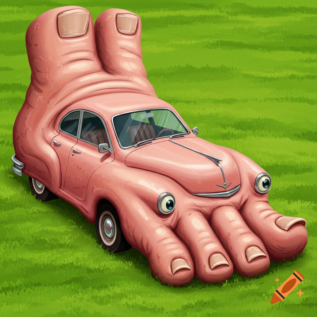 A pink car shaped like a foot with toes in the front, sitting on green grass.