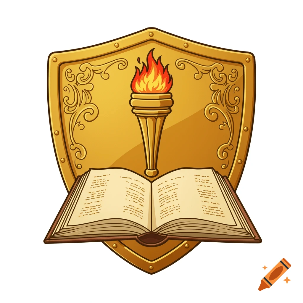 Golden shield with a flaming torch and an open book below, vector art