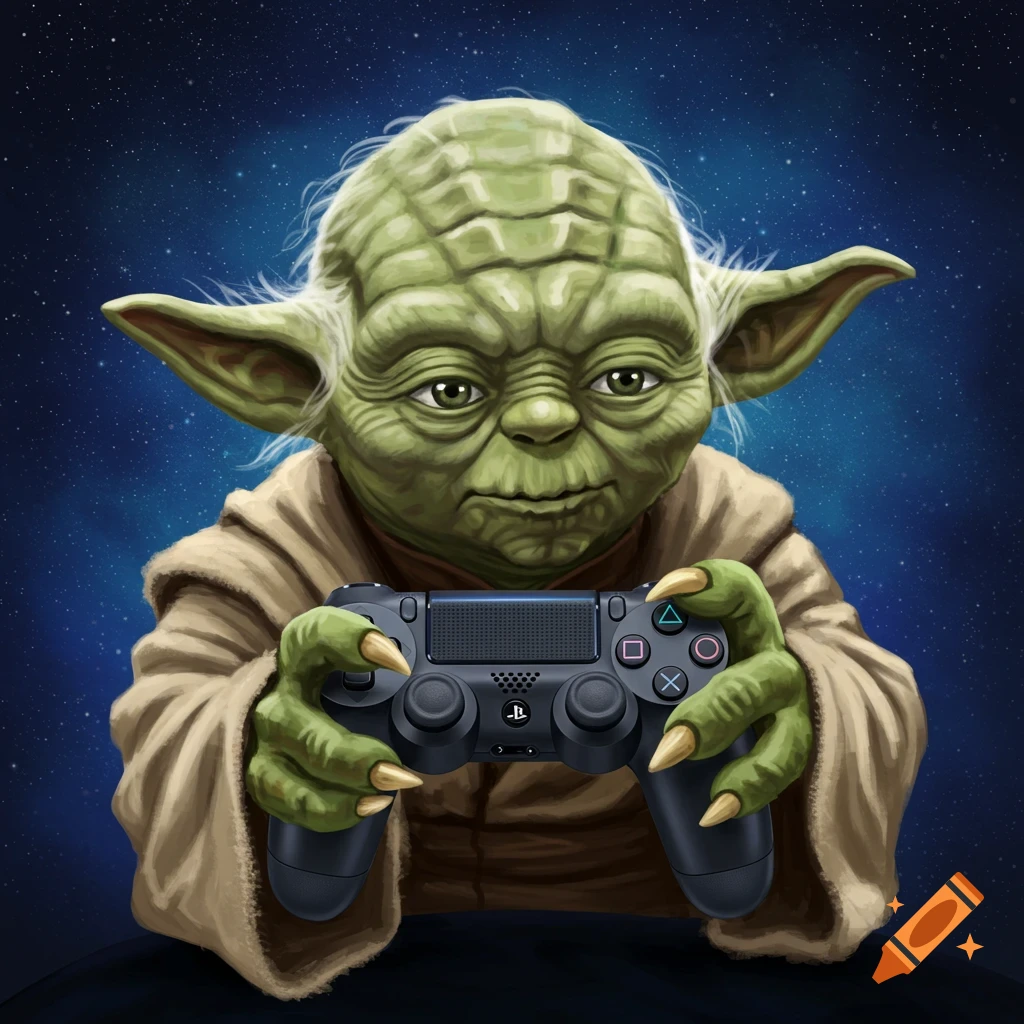 A portrait of Yoda holding a PlayStation controller.