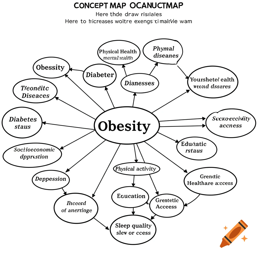Concept map on obesity including factors like physical health mental