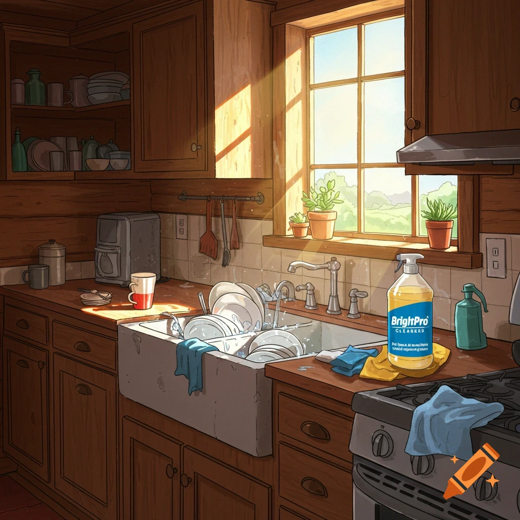 A messy rustic kitchen sink is full of dishes, with a bottle of cleaner on the counter and sunlight streaming through a window.