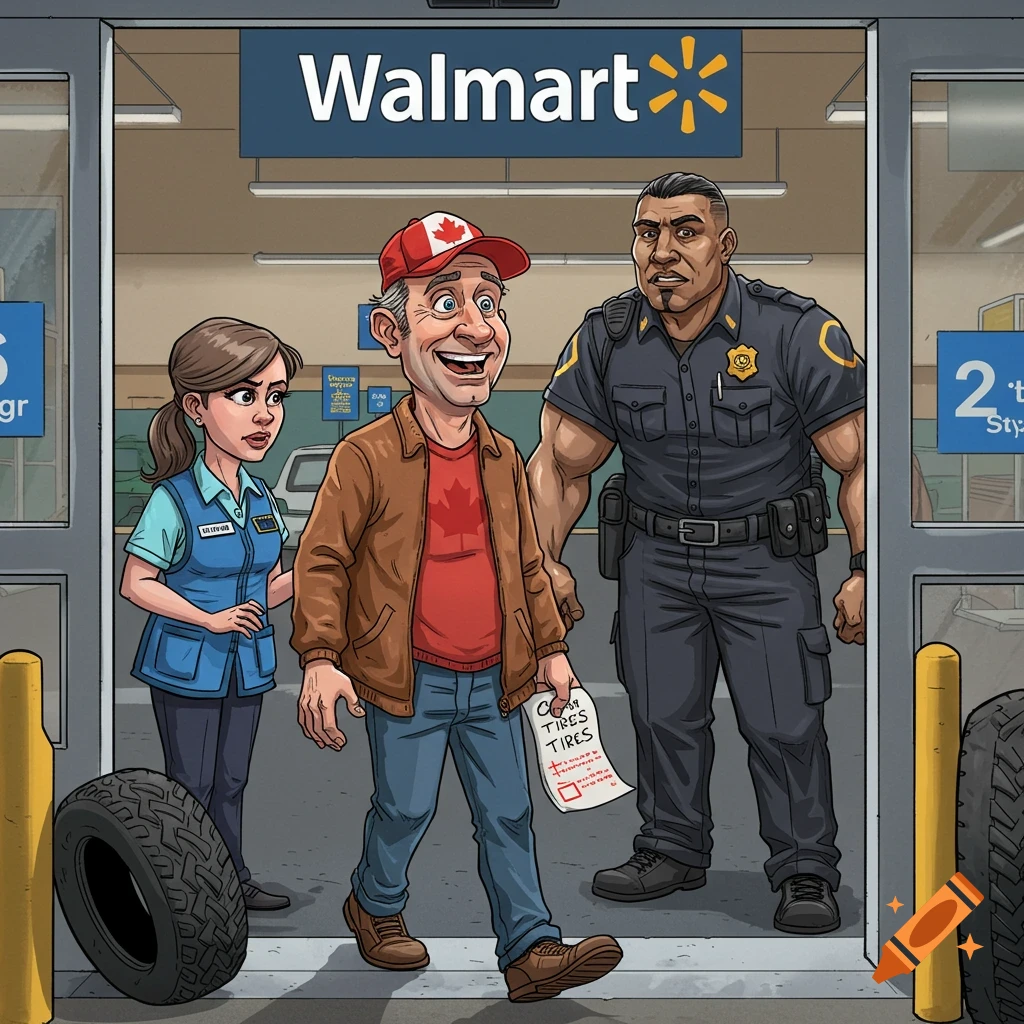 A man wearing a Canadian hat is stopped at the entrance of a Walmart store by an employee and security guard, in a cartoon style.
