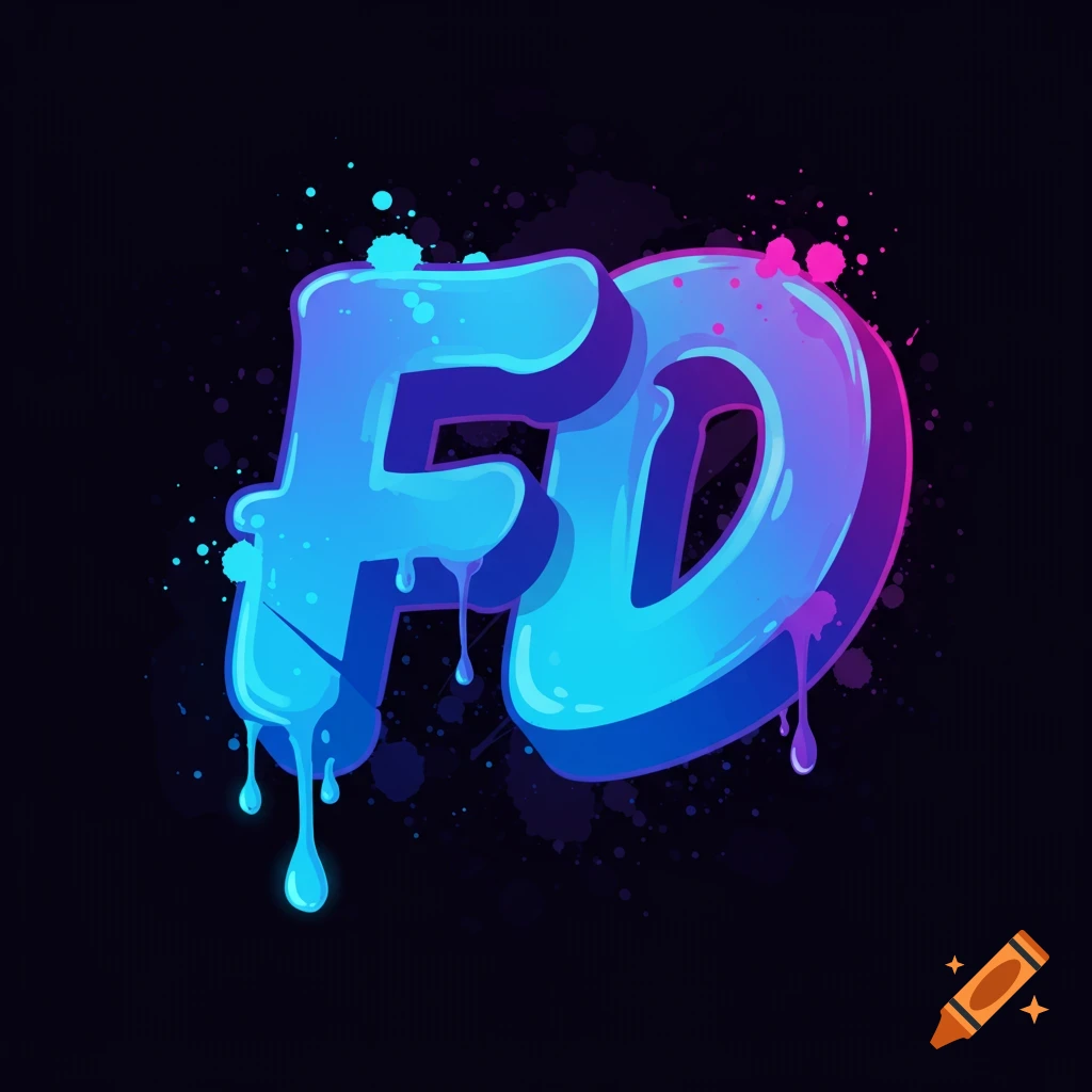 Stylized drippy blue and pink letters FD on a dark background with paint splatters.