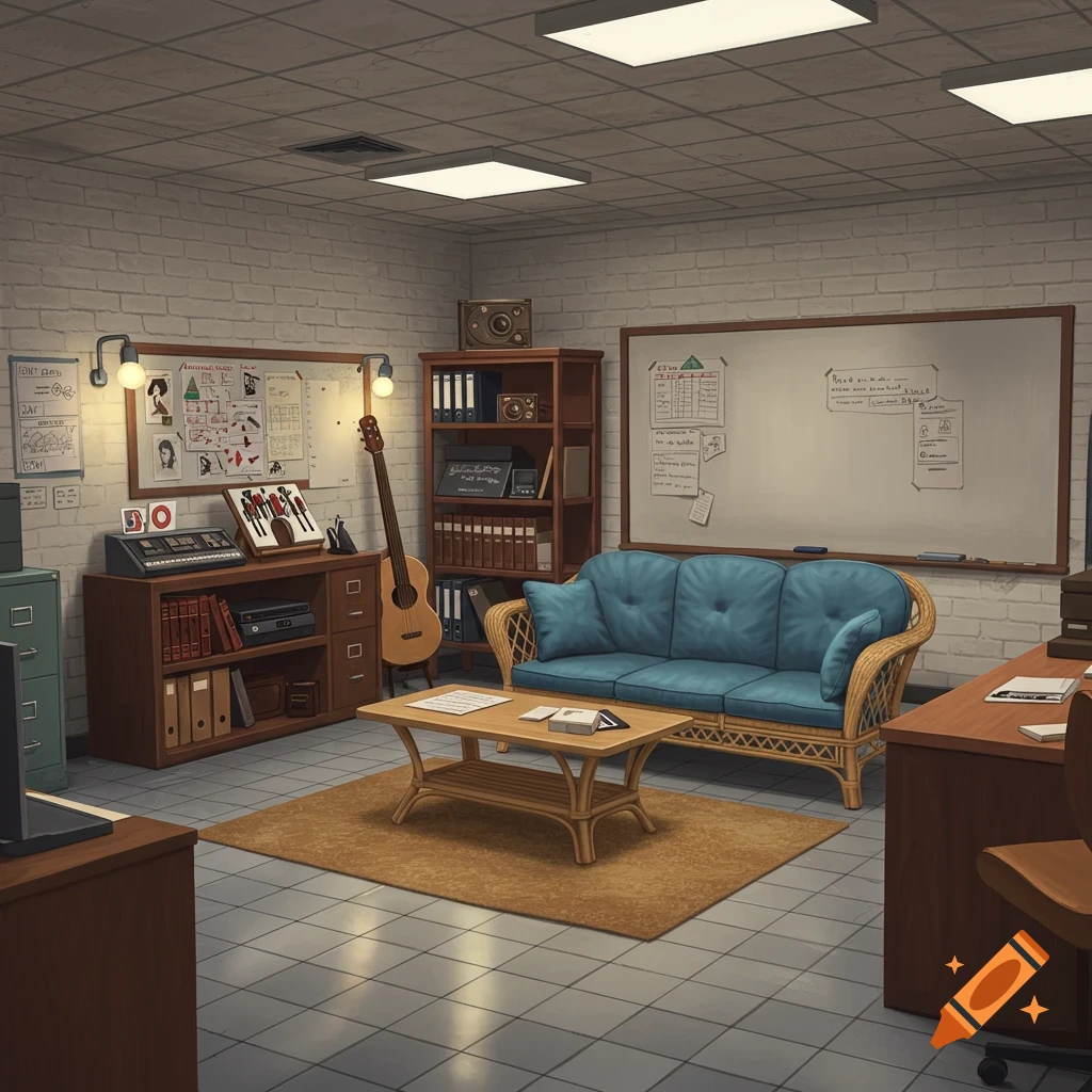 An office with a blue rattan couch, bookshelf, file cabinet, coffee table, rug, and whiteboard.