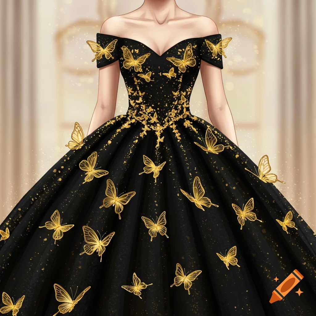 A person in a black and gold ballgown with golden butterflies.