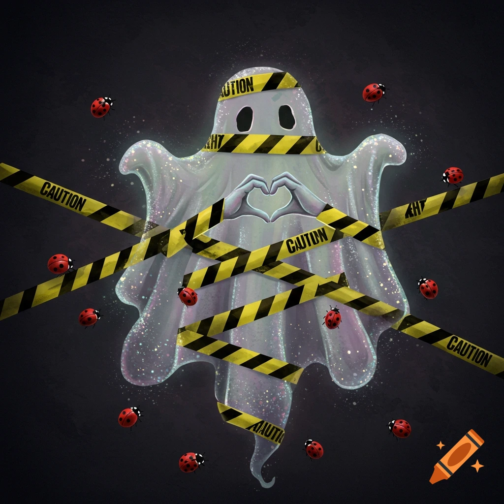 A sparkly ghost wrapped in caution tape makes a heart shape with its hands, surrounded by ladybugs.