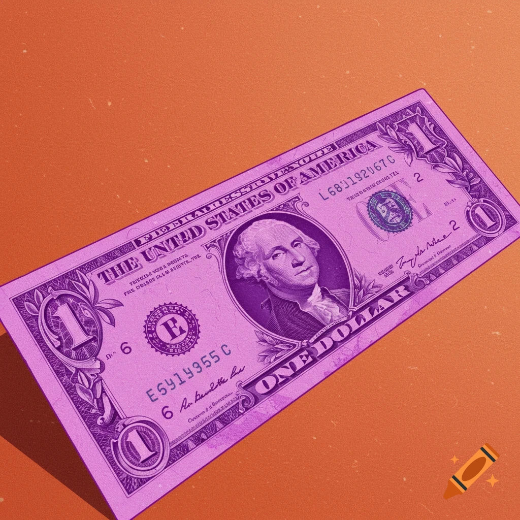 Purple one dollar bill on an orange background.