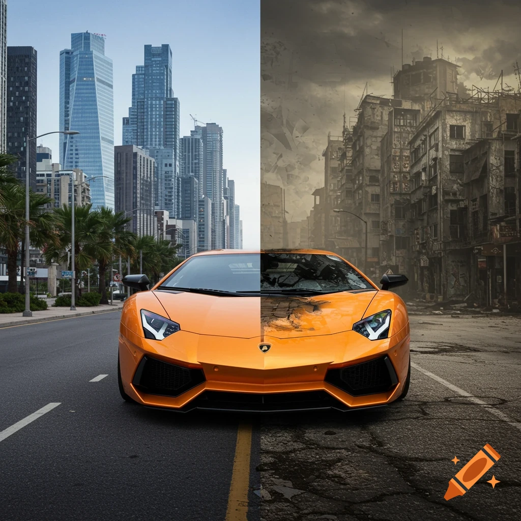 Orange Lamborghini split between modern city and destroyed city, digital art.