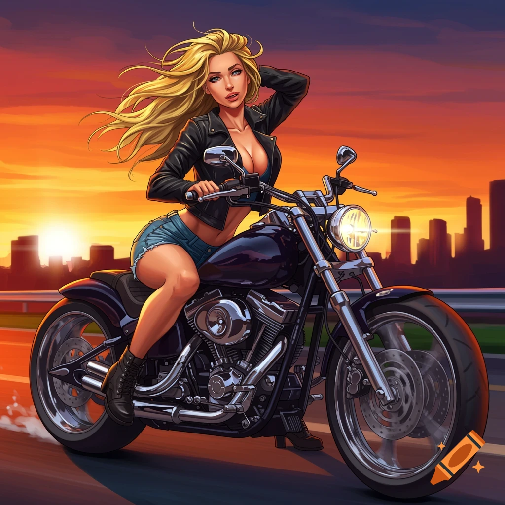 A blonde woman riding a motorcycle on a highway at sunset