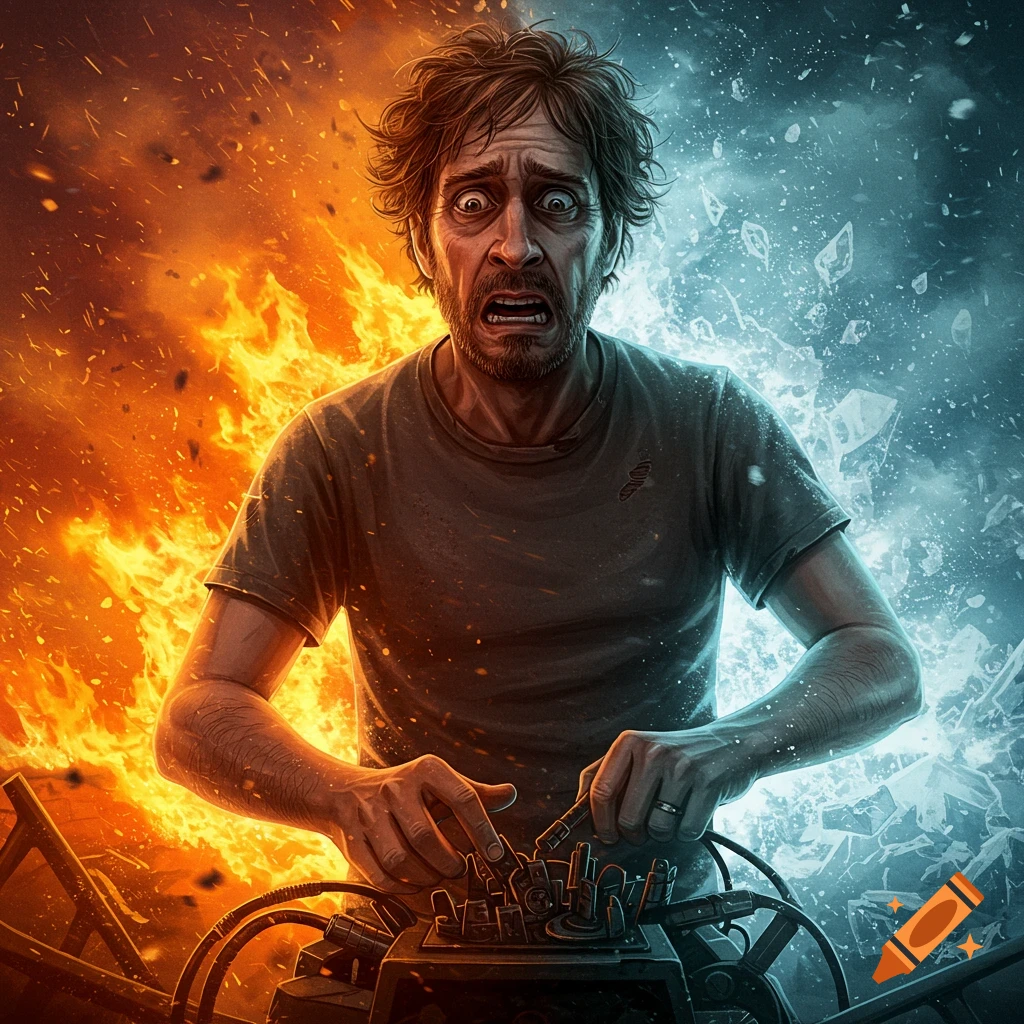 A panicked man is trying to operate a device, surrounded by fire on one side and ice shards on the other.