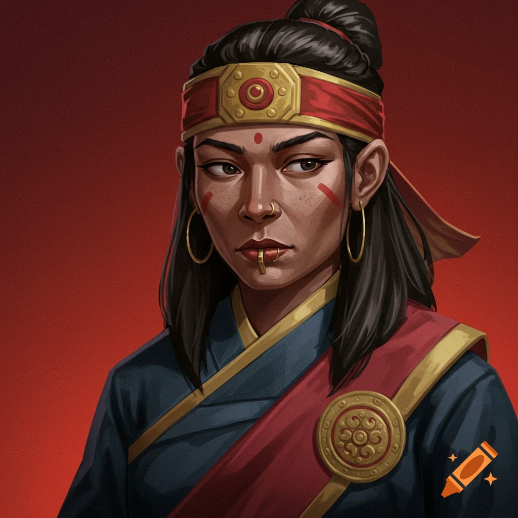 A woman in traditional clothing with headdress and jewelry.