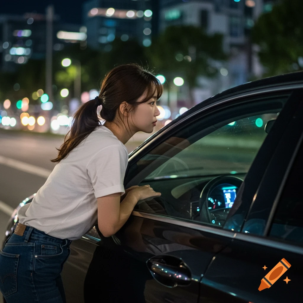 A young woman leans on a car door looking inside at night with city lights behind her.