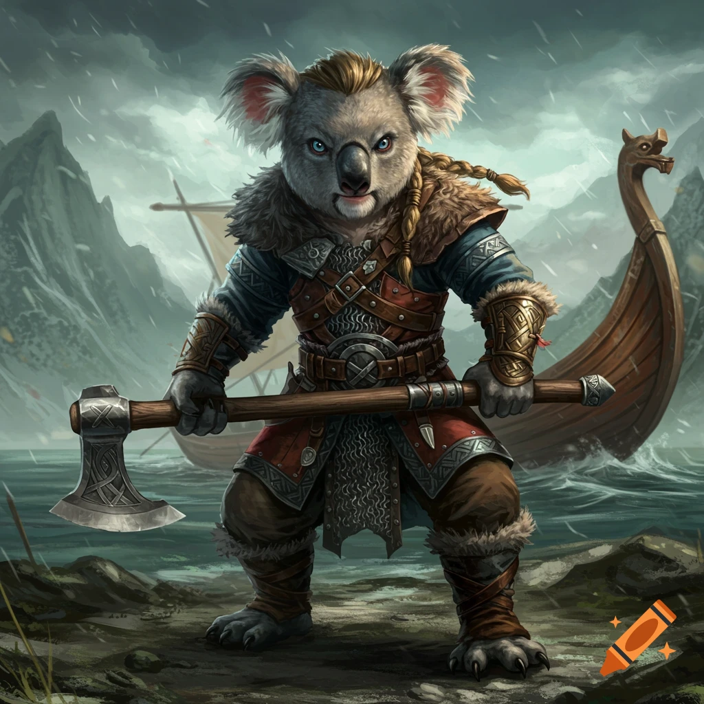 An anthropomorphic koala viking holding an axe in a stormy scene with a longship.