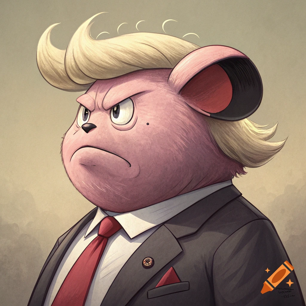 Cartoon pink creature with blonde hair in a suit and tie, styled like Donald Trump, looking angry. Digital illustration.