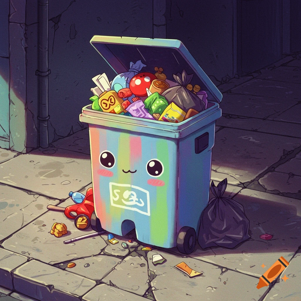 A cute, anthropomorphic cartoon trash can sits on a sidewalk, overflowing with colorful trash.