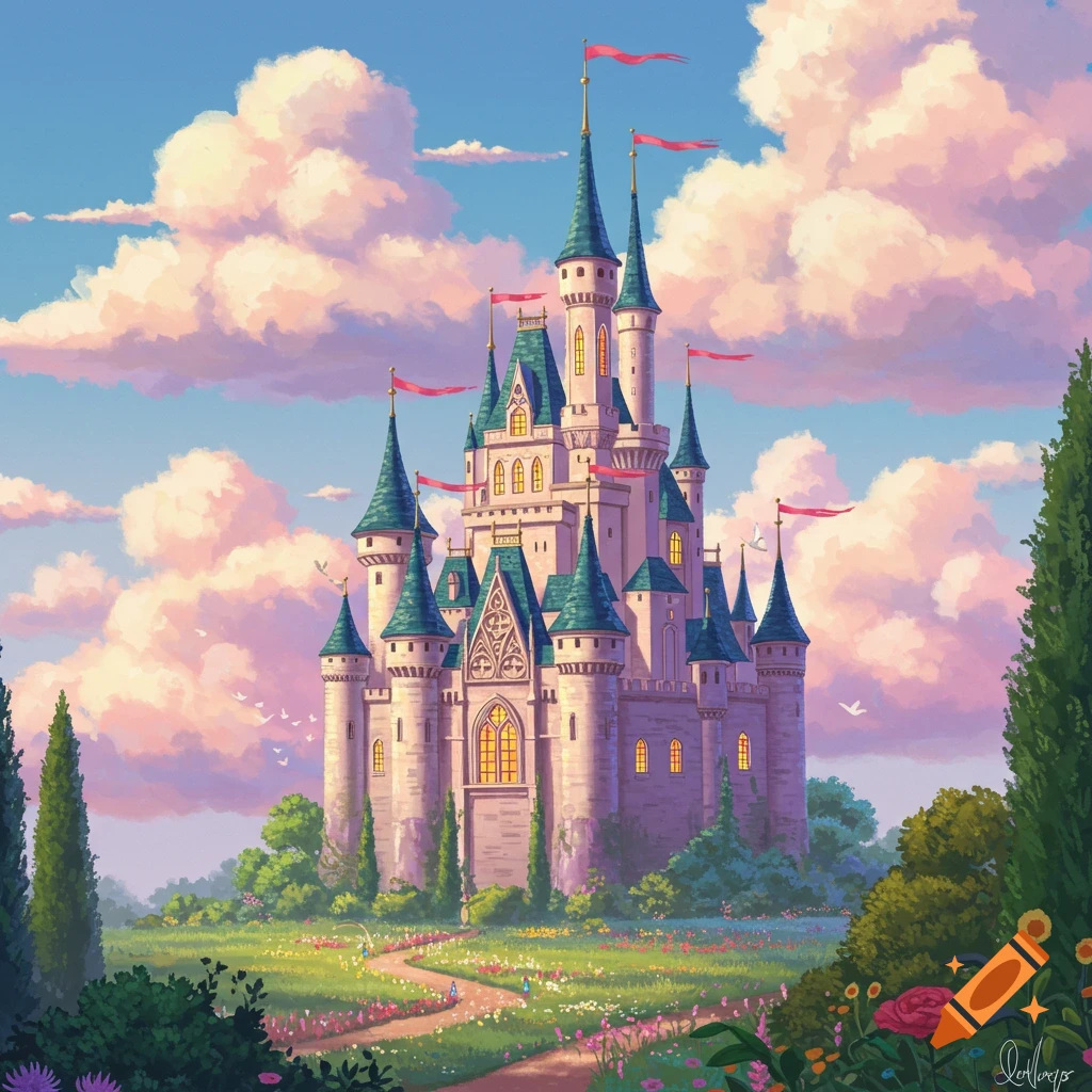 A fantasy castle in a grassy field with flowers under a sky with pink clouds.
