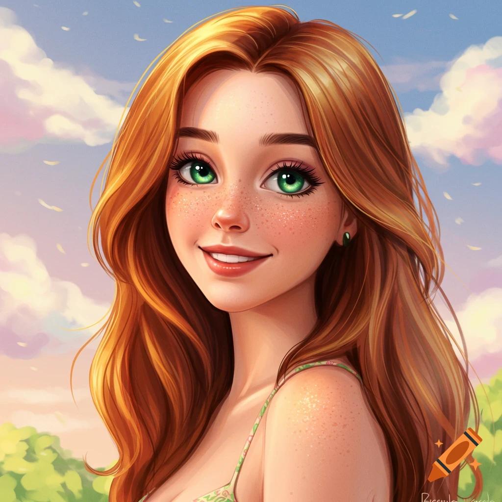 A digital illustration of a young woman with green eyes, red hair, and freckles, smiling against a cloudy sky.