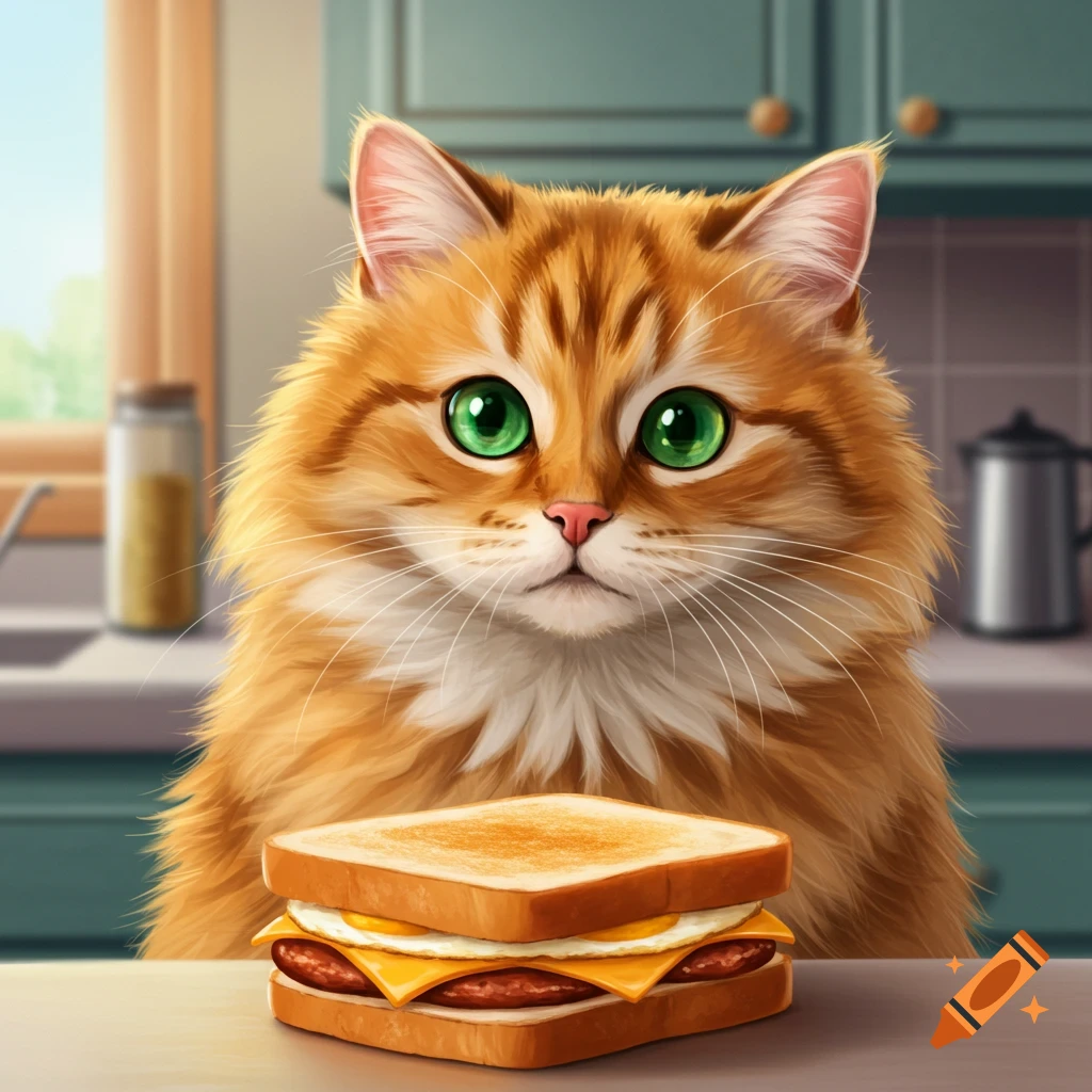 An orange cat with big green eyes looking at a breakfast sandwich.