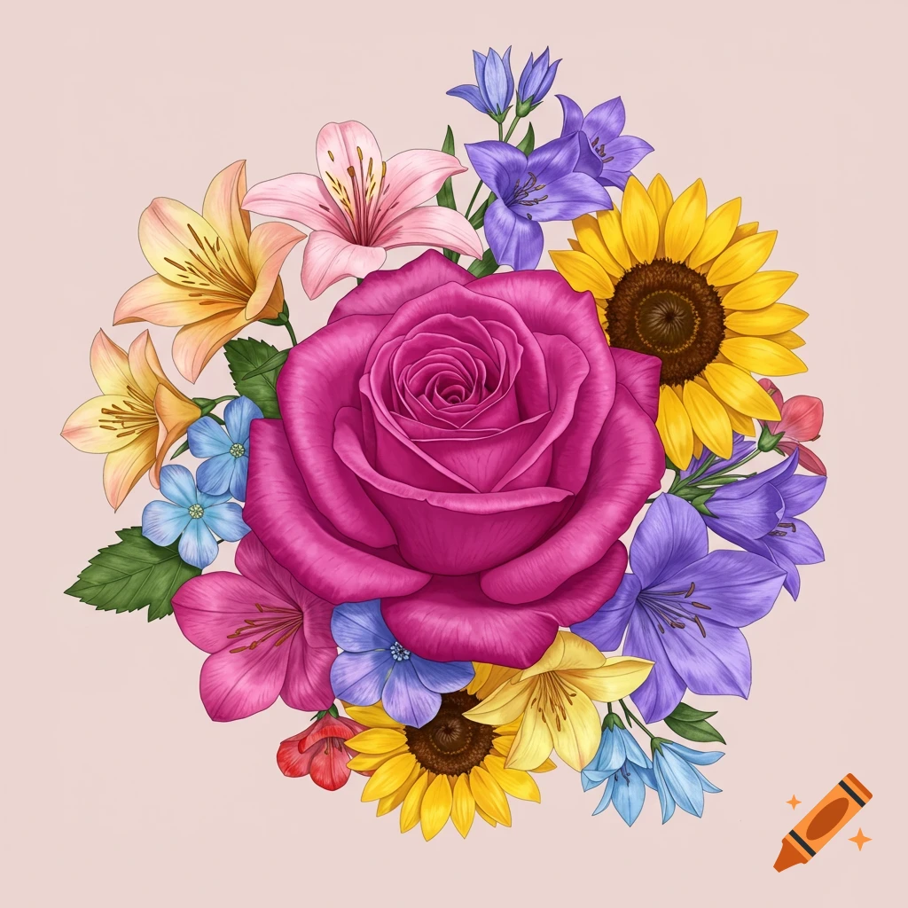 A vibrant bouquet of pink, yellow, purple, and blue flowers.