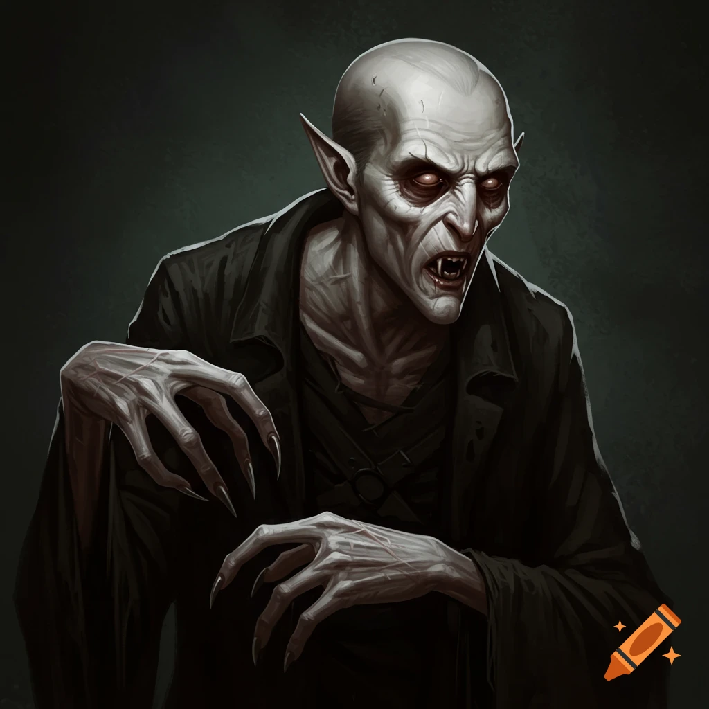 A Nosferatu-like vampire creature with glowing eyes and long fingers.