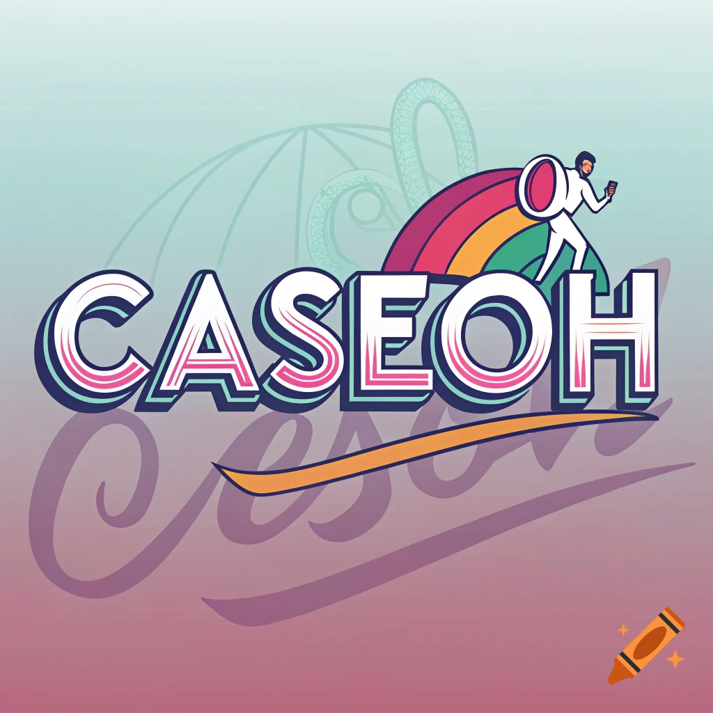 Stylized graphic design with the text CASEOH, a figure on a rainbow arch, and a roller coaster.