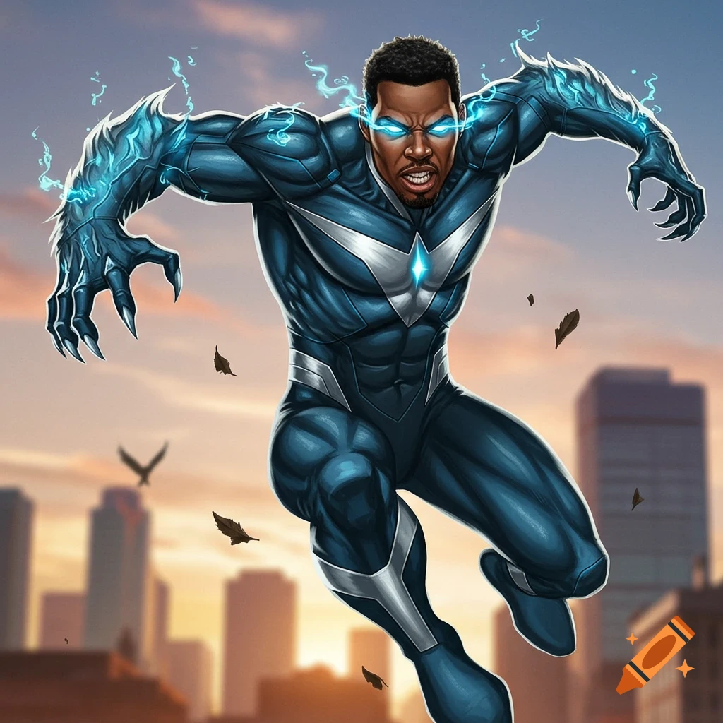 Superhero leaping with glowing eyes and energy claws