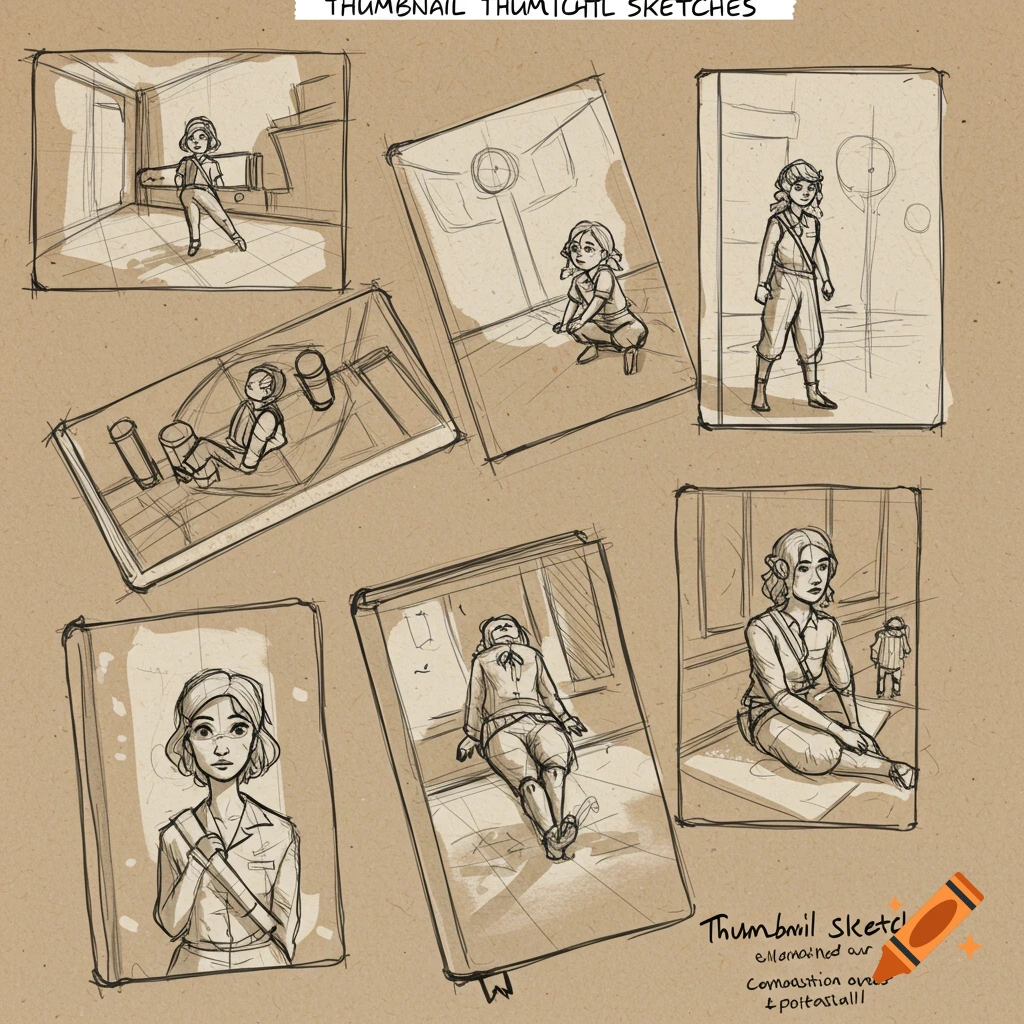 Multiple small line art sketches on brown paper, showing a person in different poses and environments, likely exploring composition.