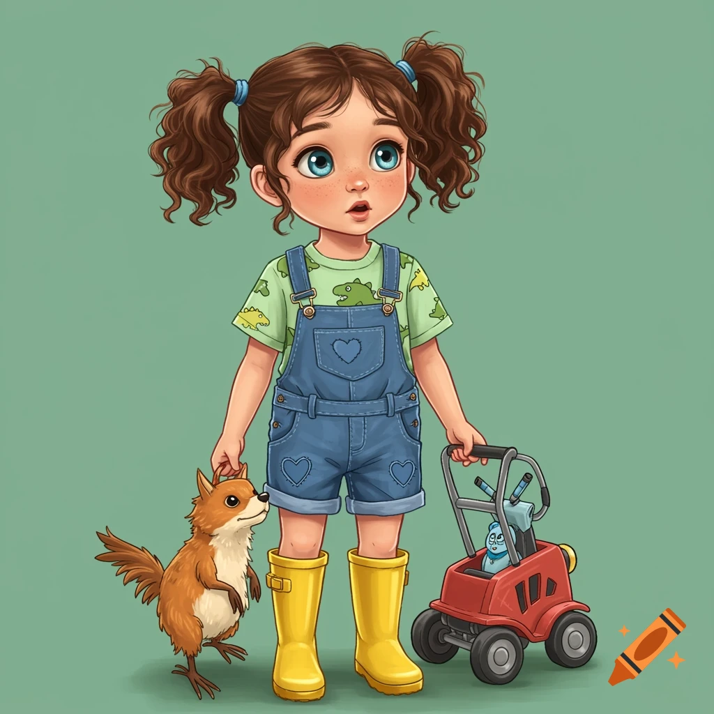 Digital illustration of a girl with pigtails, overalls, and yellow boots holding a squirrel and a toy car.