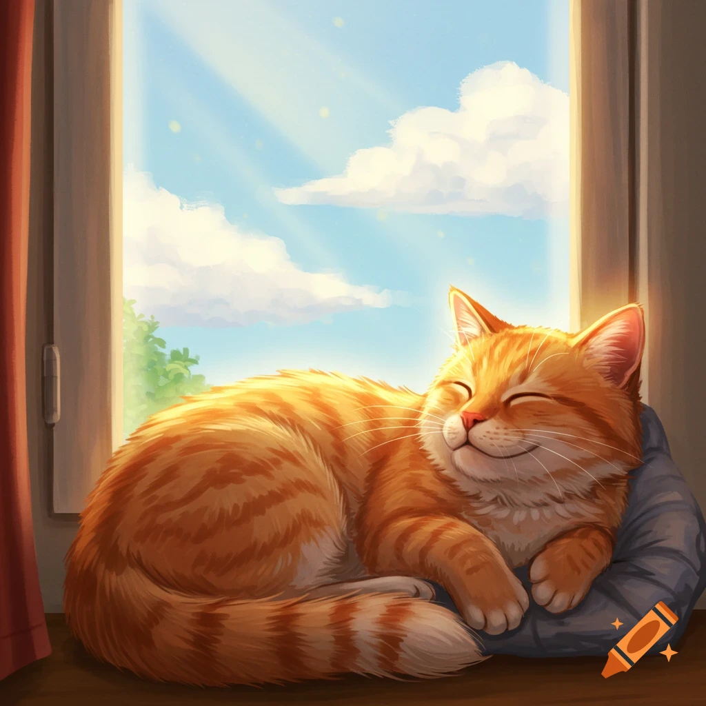 An orange tabby cat sleeps on a window sill in a sunbeam.