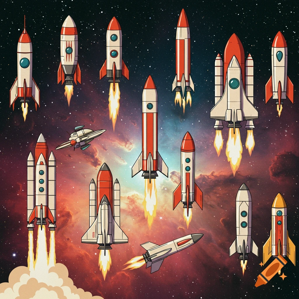 Multiple stylized rockets and spacecraft flying through space.