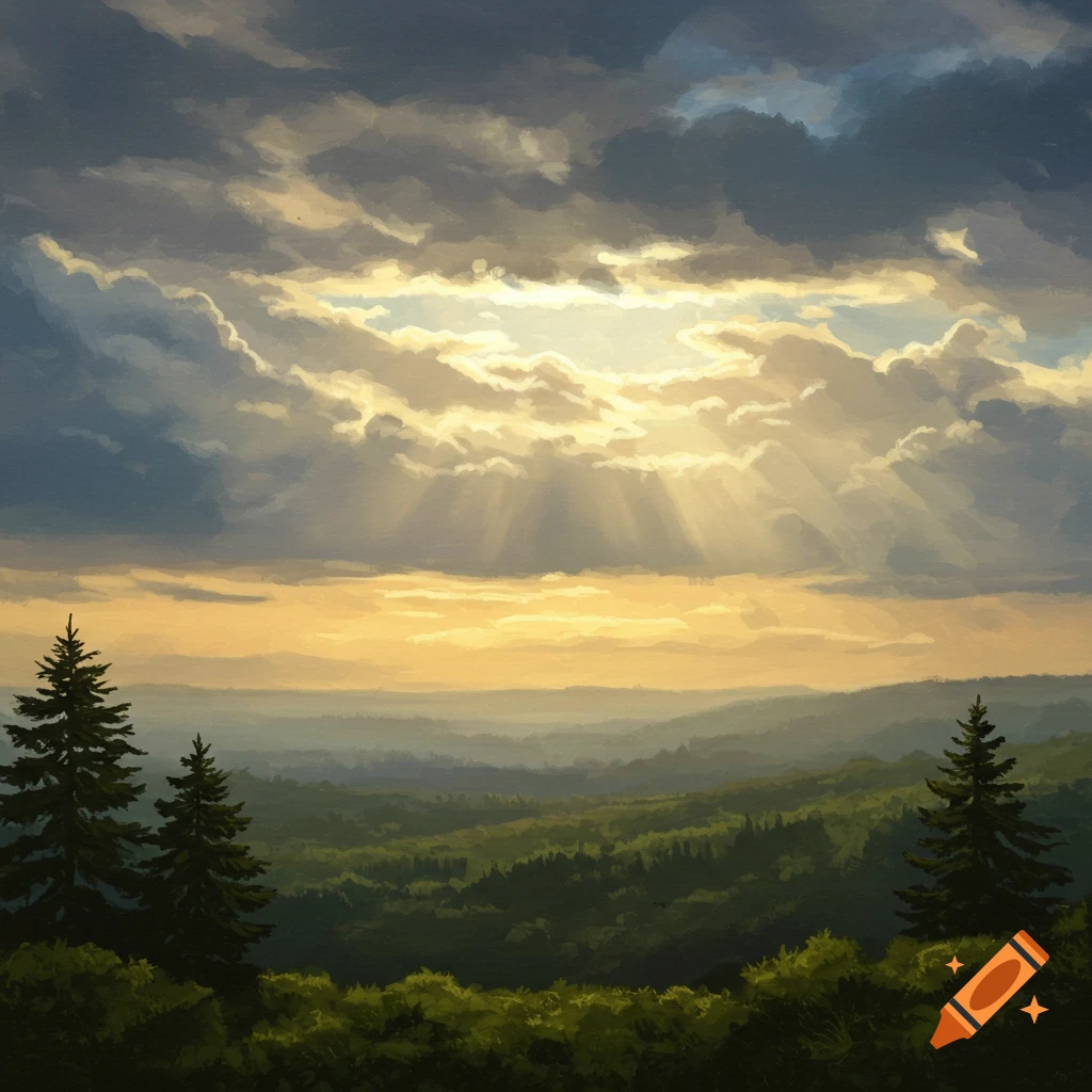 A landscape with sun rays through a cloudy sky and trees.
