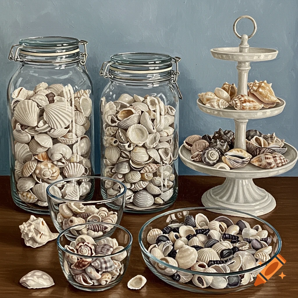 Still life painting of various seashells in glass jars and bowls and on a tiered white stand.