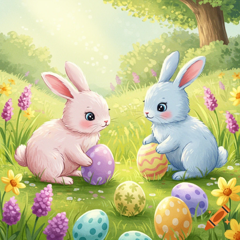 Cute illustration of two bunnies with colorful Easter eggs in a grassy field.
