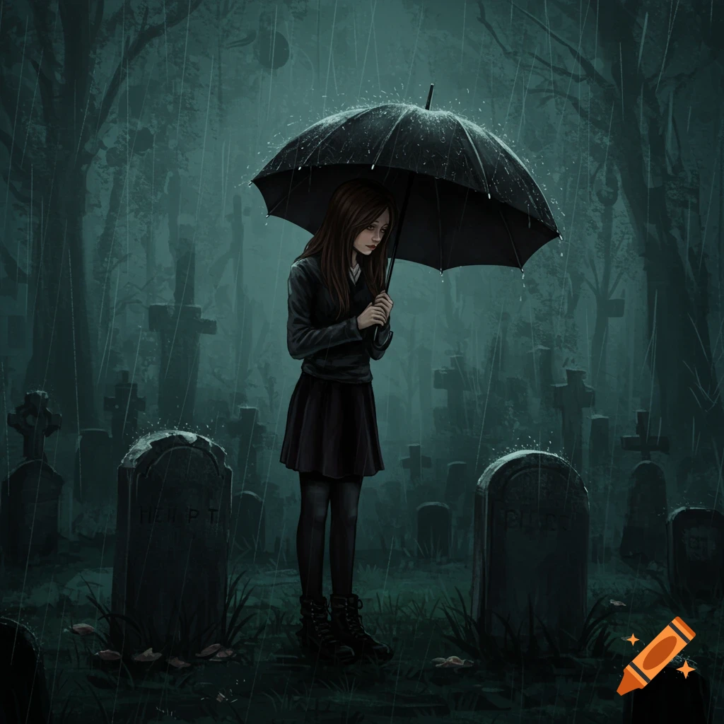 A person with an umbrella stands in a rainy cemetery.