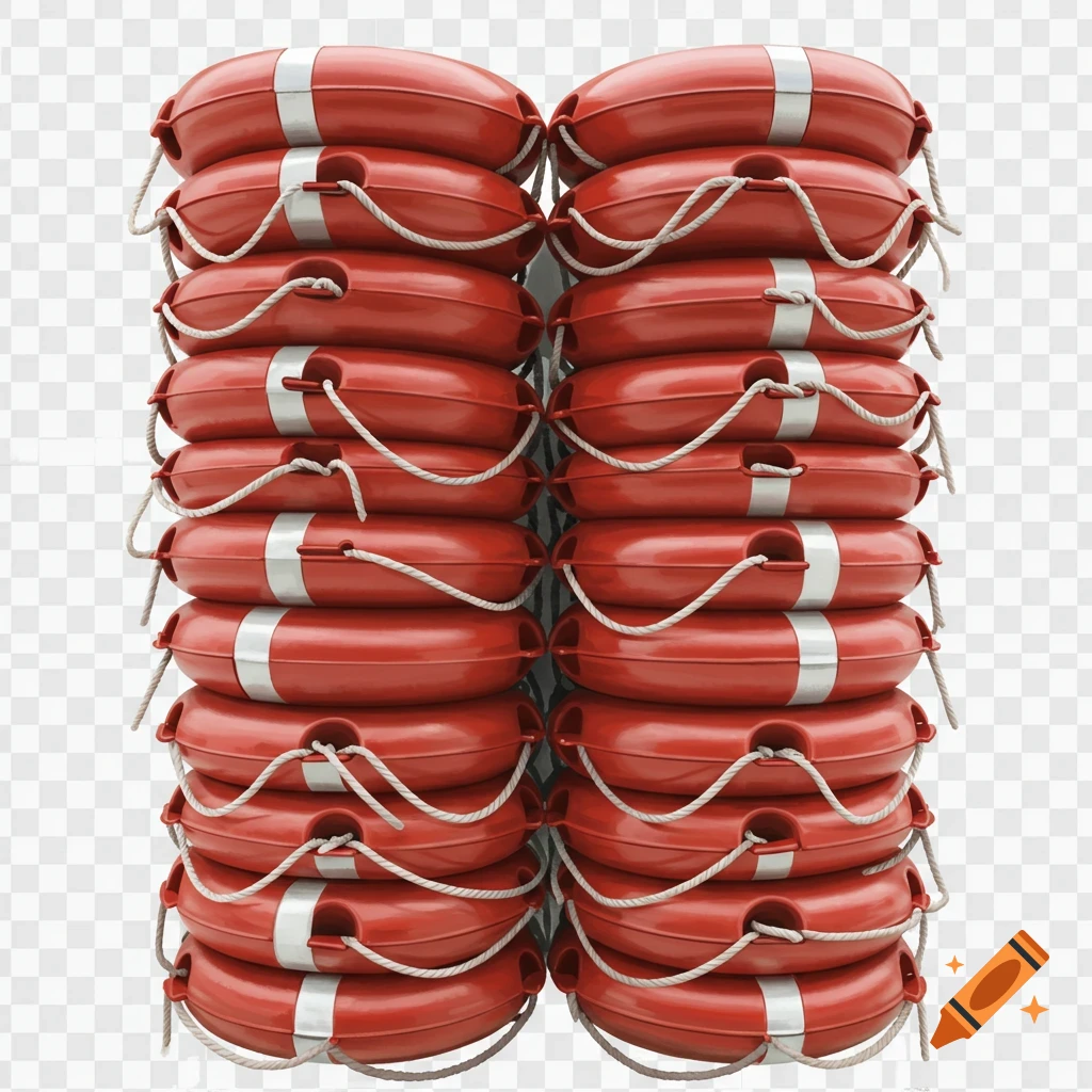Two symmetrical stacks of red lifebuoys.