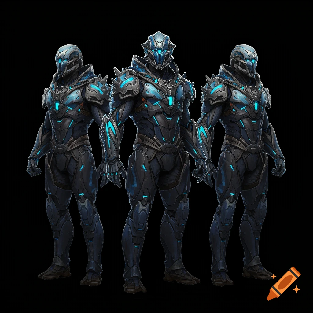 Three figures in futuristic blue and black armor on a black background.