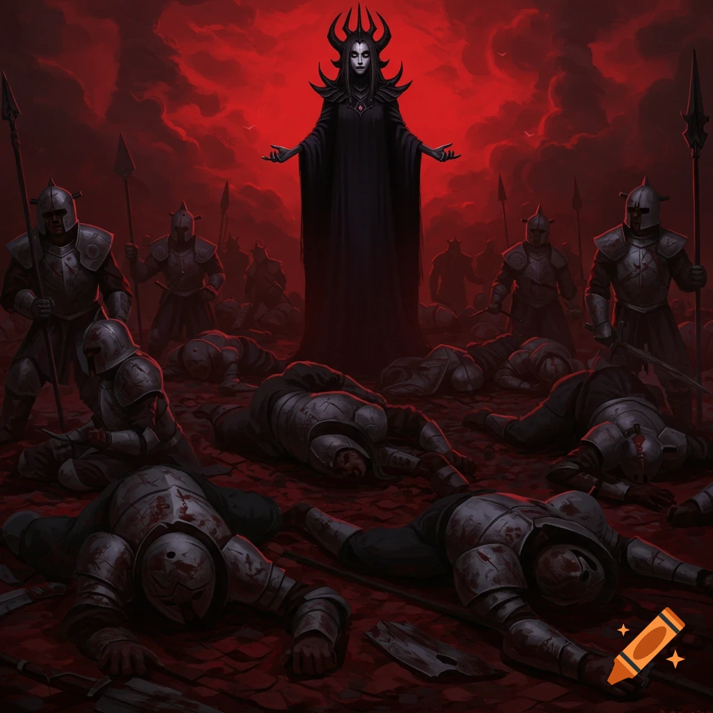A dark queen with a crown stands over a battlefield littered with fallen armored soldiers under a red, cloudy sky.