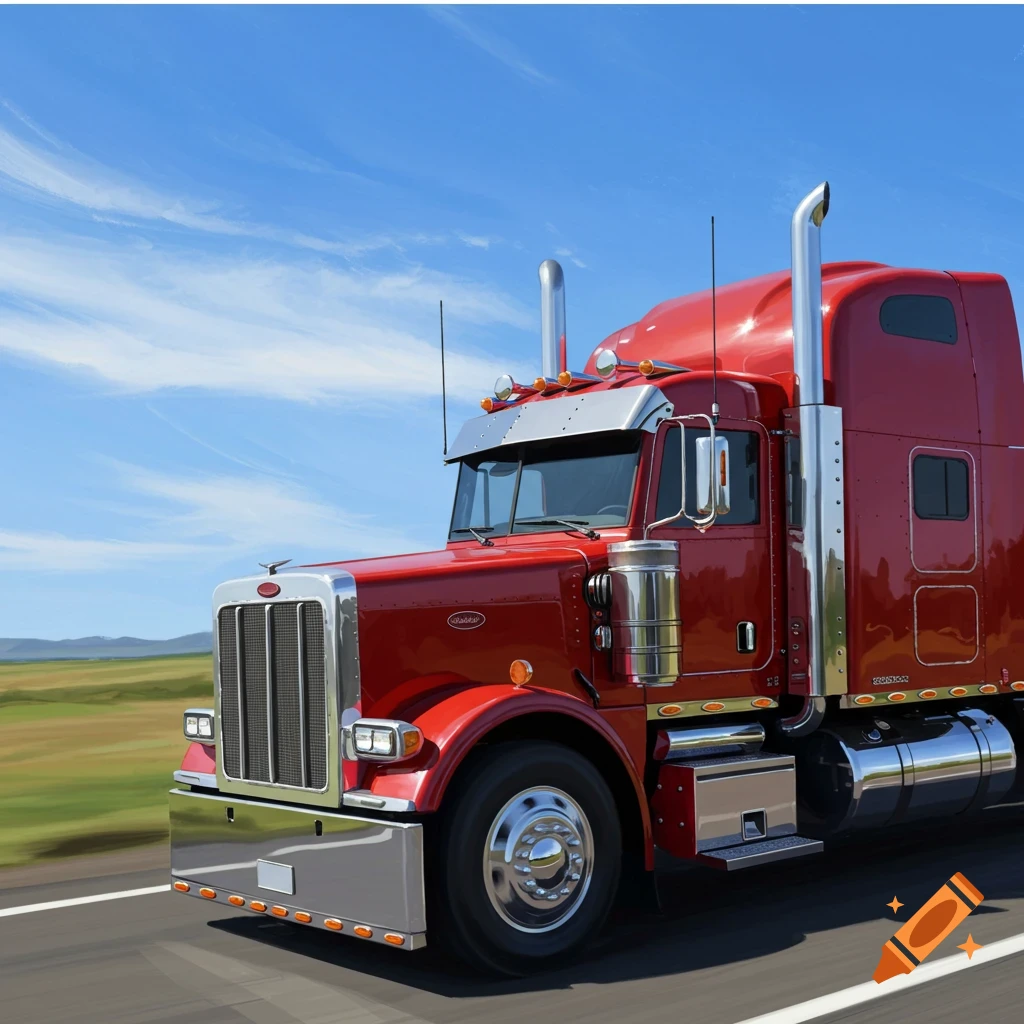 A red semi-truck drives down a highway under a sunny sky.