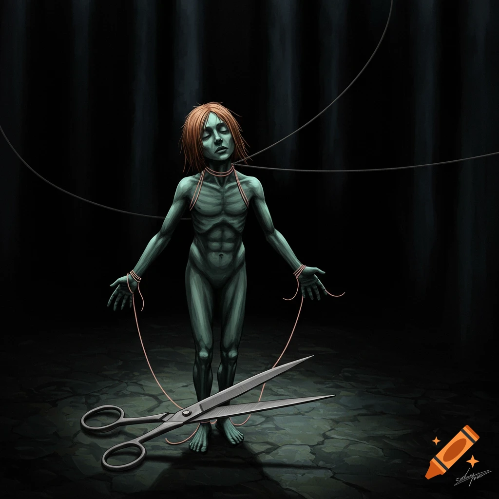 A gaunt figure bound by strings stands in a dark room with large scissors on the floor.