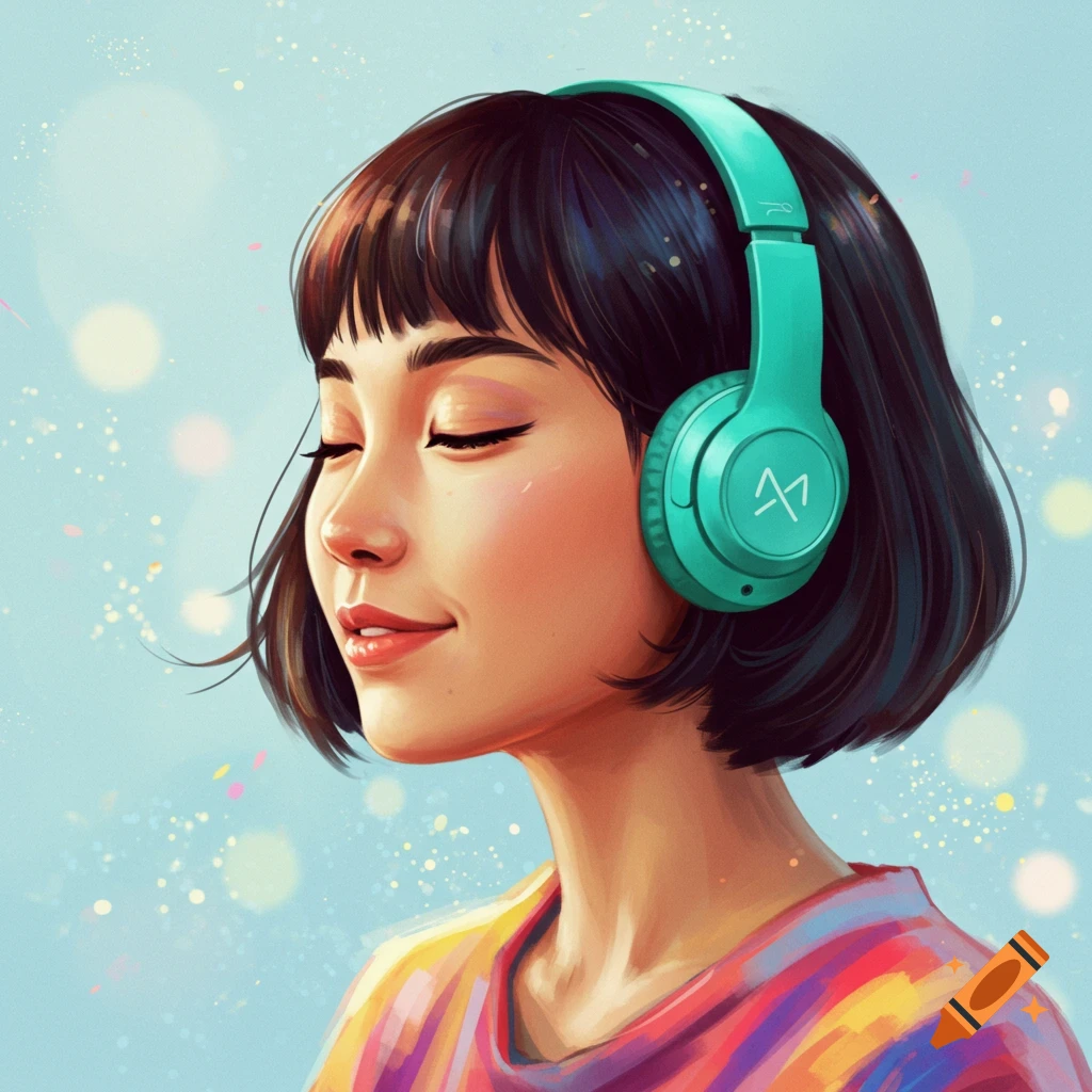 Woman with headphones listening, eyes closed, smiling