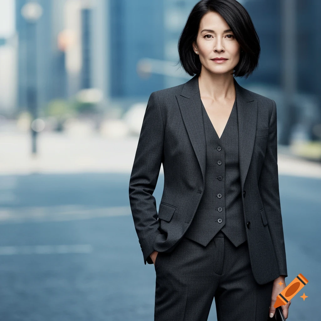 A woman in a grey business suit stands in a city street.