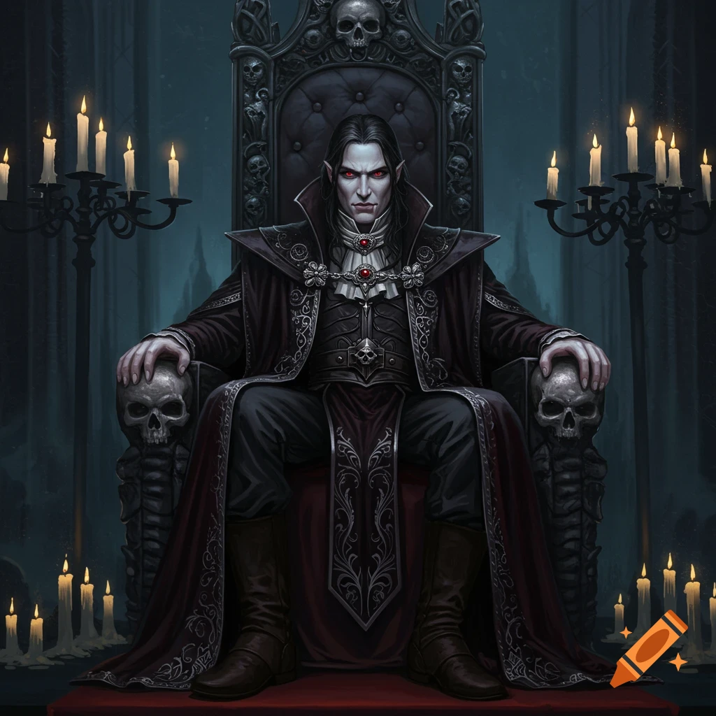 A vampire lord sits on a skull-covered throne, surrounded by candles.