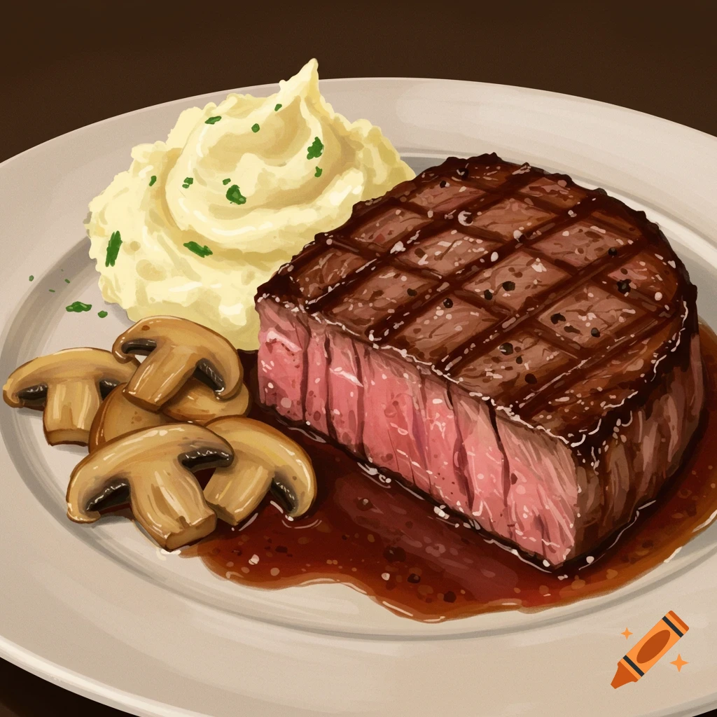 Steak dinner with mashed potatoes and mushrooms