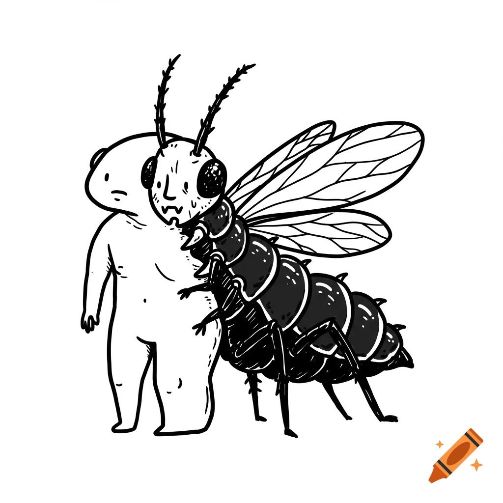 Black and white illustration of a human-like figure merged with a large insect.