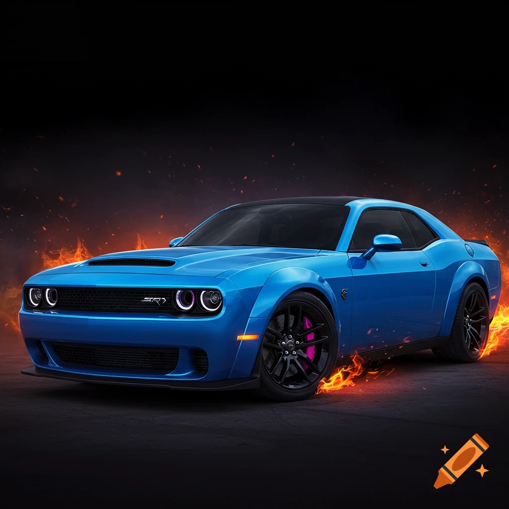A blue Dodge Challenger muscle car is shown with flames.