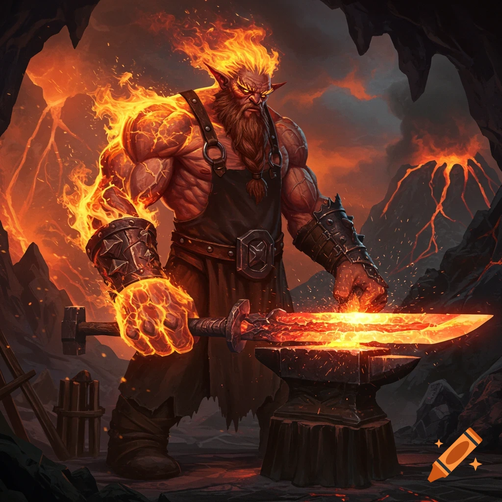 A muscular fire giant blacksmith forges a sword on an anvil in a volcanic cave.