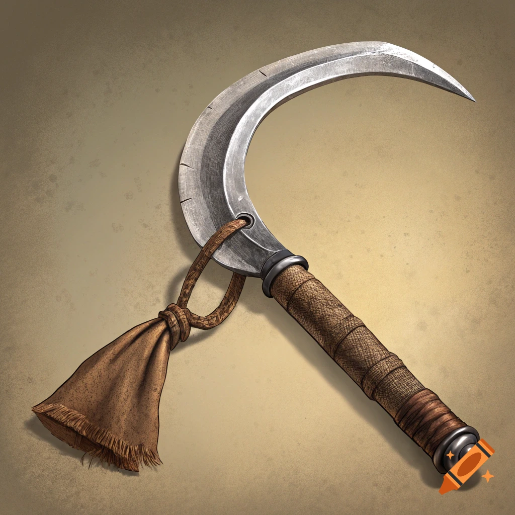 A sharp, detailed sickle weapon with a wrapped handle and cloth tassel.