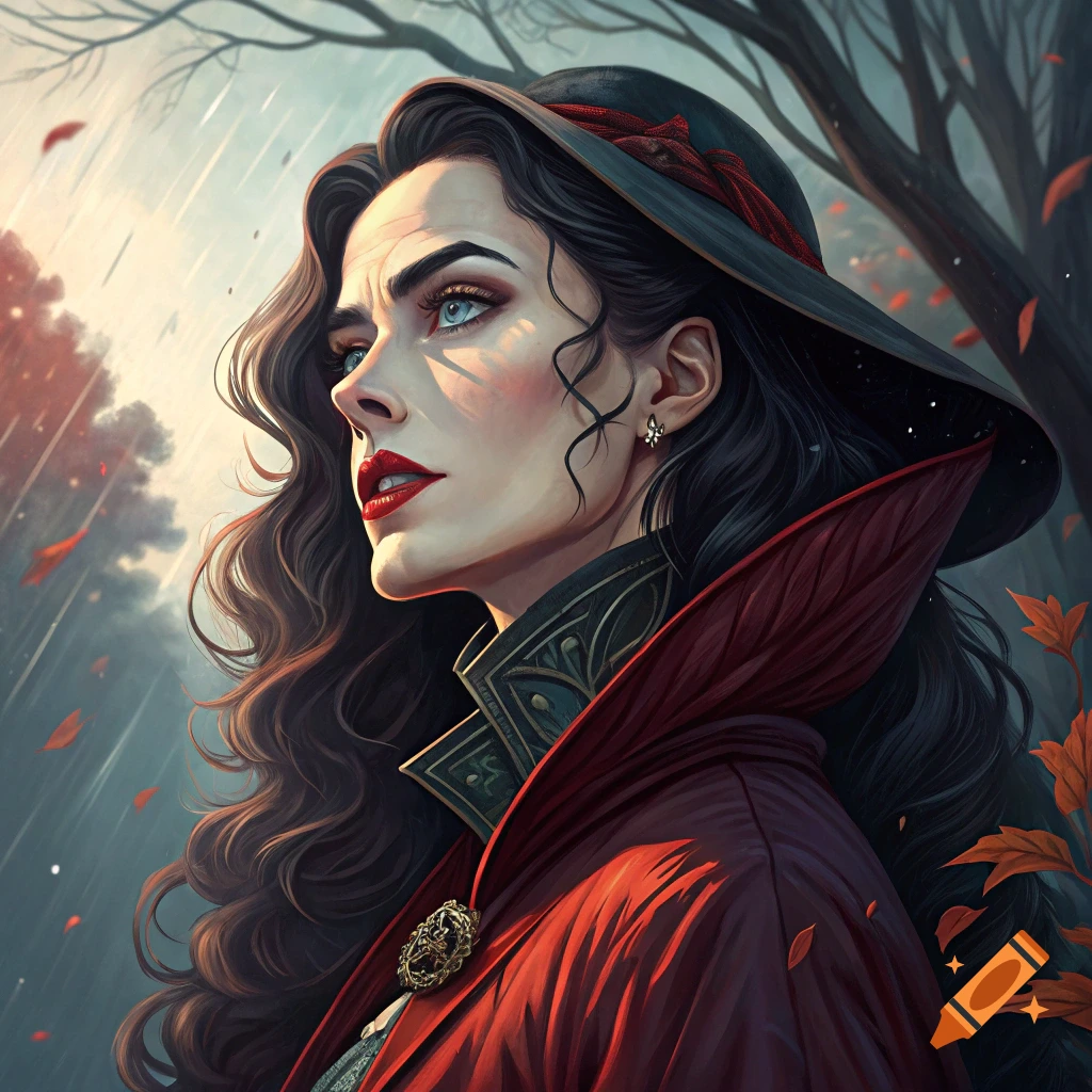 Portrait of a woman in a red coat and black hat in an autumnal forest.